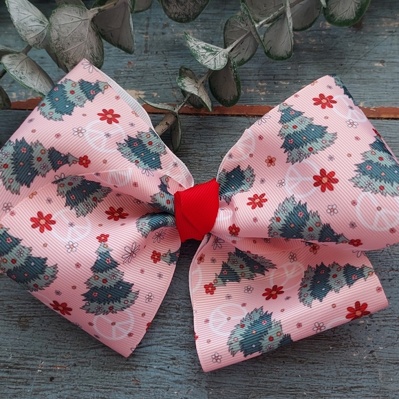 Pink And Green Hair Bow with Christmas Tree Design - Picture 1 of 3